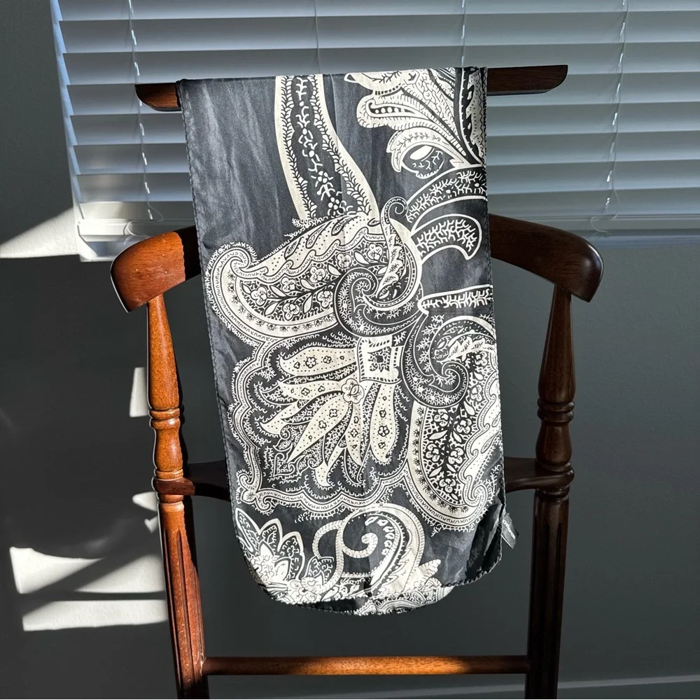 Jones New York 100% Silk Scarf Black White Paisley 58x10 Long Oblong Classic